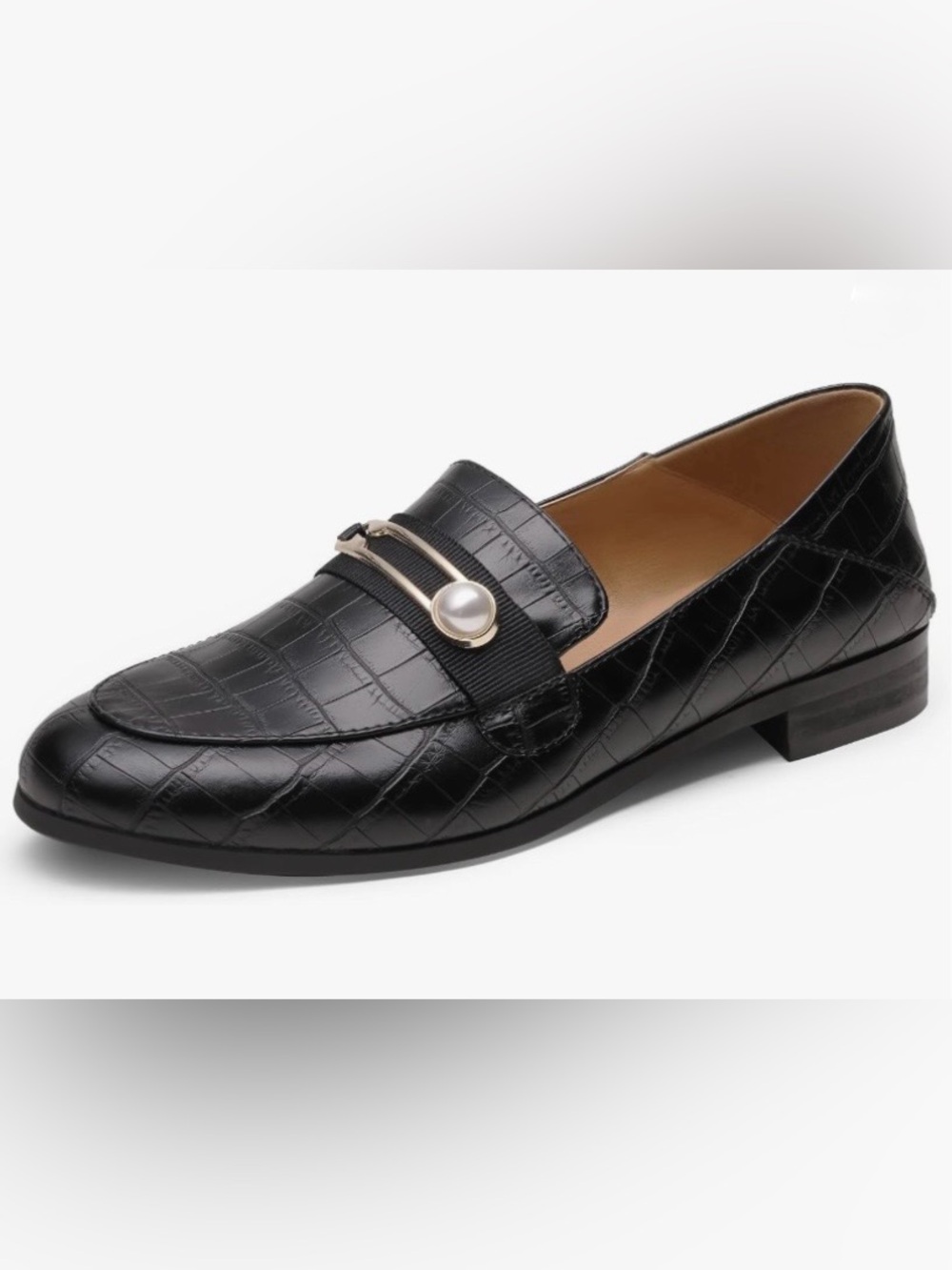 Women's Black Croc-Texture Pearl Accent Loafers Size 7.5